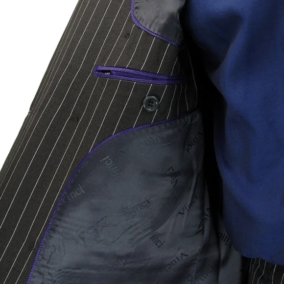 2-Piece Men's Double Breasted Pinstripe Suit-Black - Picture 5 of 5